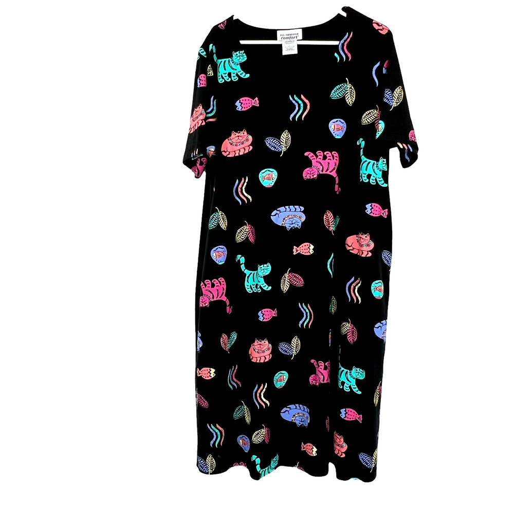 Vintage All American Comfort Black Cotton Blend Cat Fish Print Maxi Dress‎ Large